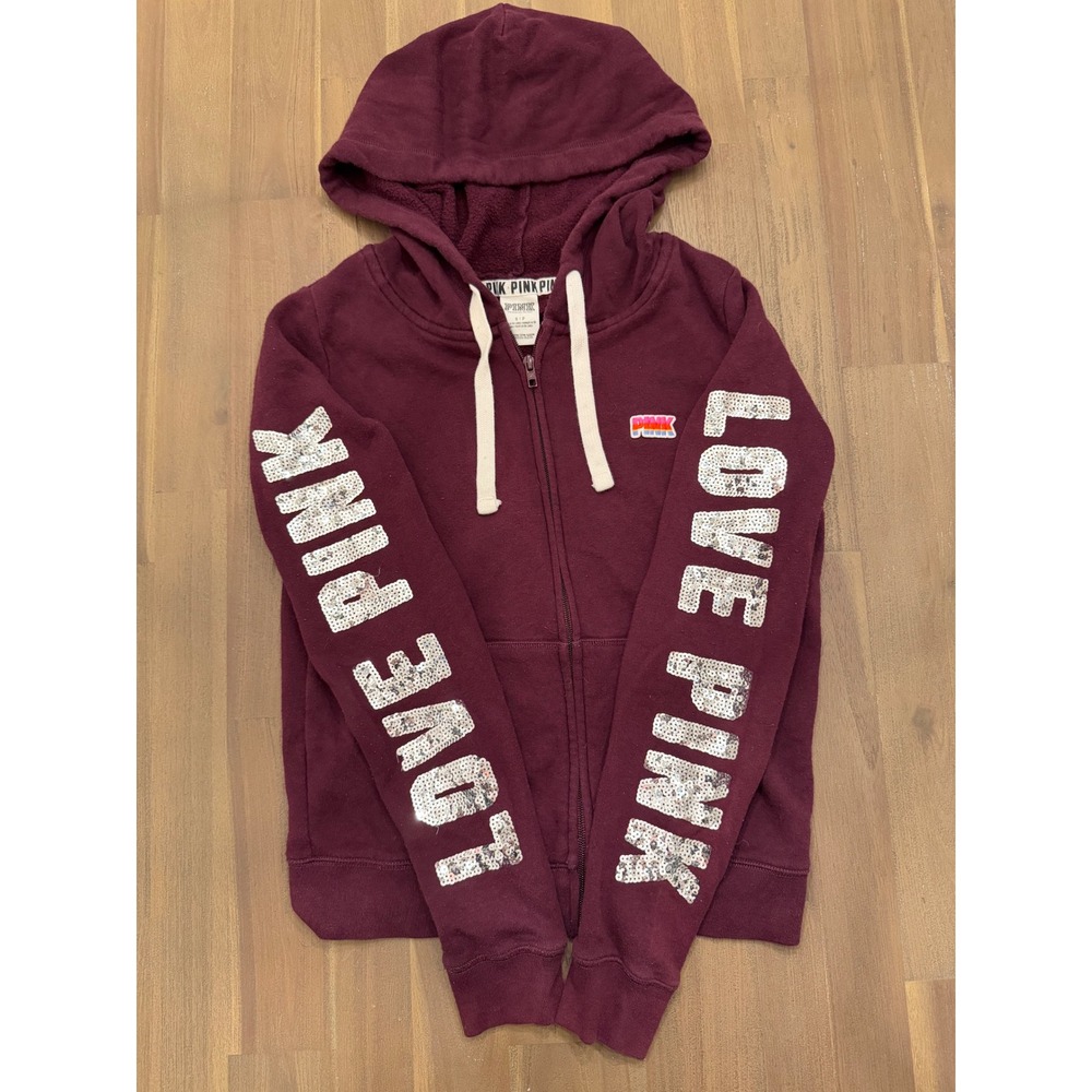 Victoria's Secret PINK Sequin Love Pink Full Zip Hoodie Maroon‎ Burgundy Small